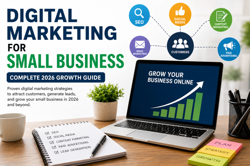 Digital Marketing for Small Business guide showing SEO, social media marketing, content marketing, email marketing, and paid advertising strategies for business growth in 2026.