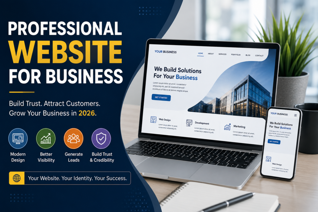 Professional Website for Business displayed on laptop and mobile devices, showcasing modern web design, lead generation, brand credibility, and business growth strategies in 2026.