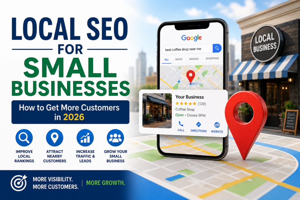 Local SEO for Small Businesses illustration showing Google Maps rankings, local search optimization, customer reviews, business listings, and strategies to attract more local customers in 2026.