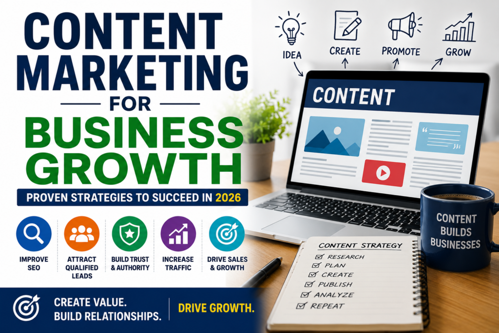 Content Marketing for Business Growth infographic showing content strategy, SEO improvement, lead generation, brand authority, traffic growth, and digital marketing success in 2026.